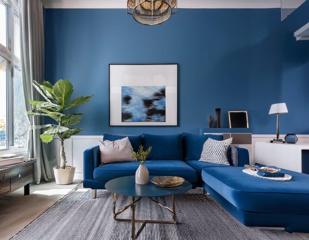 salon avec grand canapé bleu, moderne et cosy, lieu de détente dans la maison en ia et grande vitre