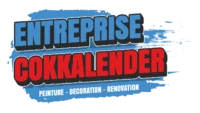 Logo Entreprise Cokkalender: texte bleu et rouge sur fond effet brosse. Spécialiste en peinture, décoration et rénovation.