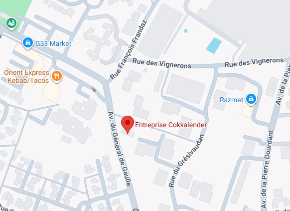 Carte Google Maps : Entreprise Cokkalender avec repère rouge. Proximité Av. Général de Gaulle, Rue des Vignerons. G33 Market, Orient Express et Razmat.