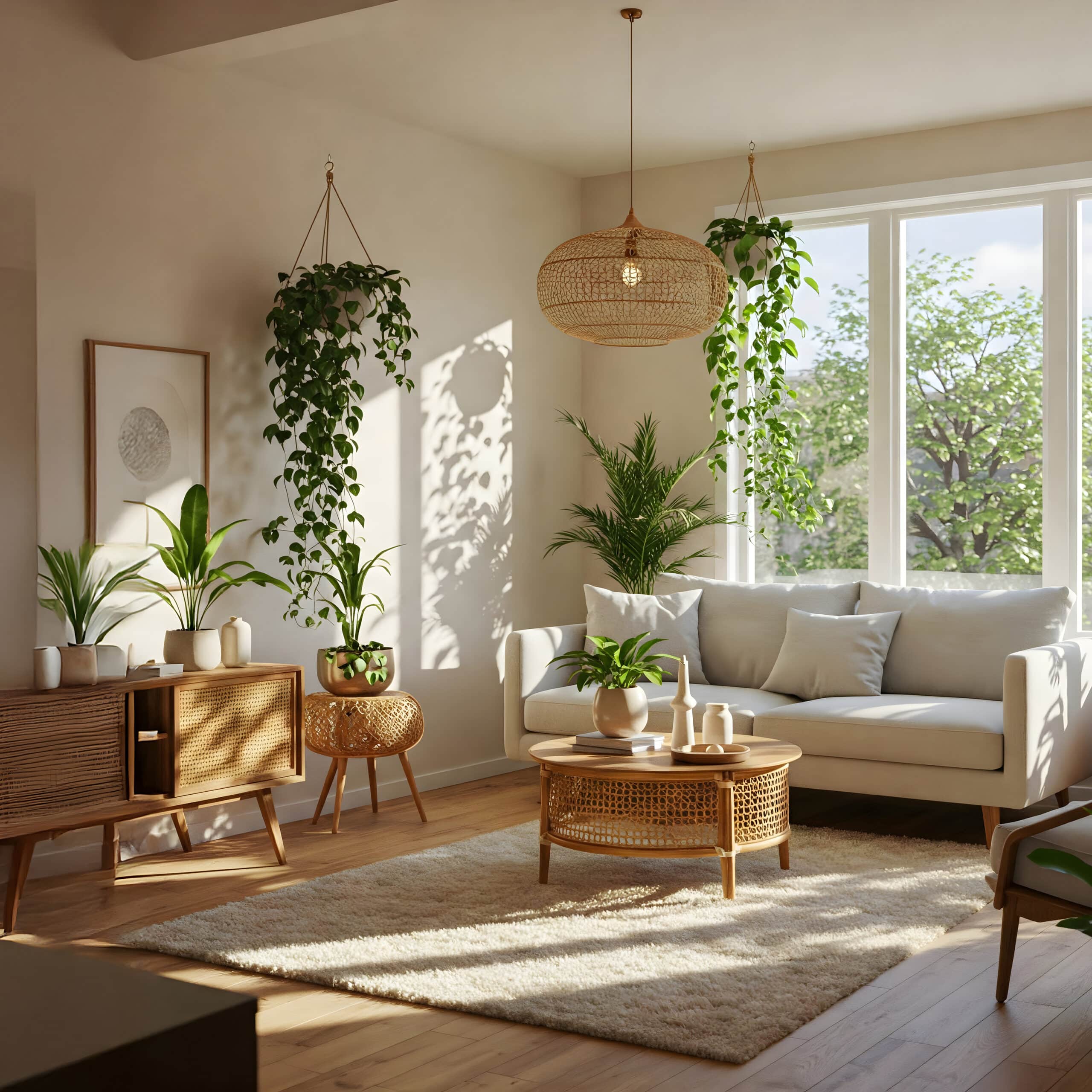 Salon bohème lumineux : canapé beige, table basse et buffet en rotin, plantes vertes variées. Lumière du soleil et ombres murales.